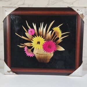 Chinese Asian Wheat Straw Wood Art Flower Vase floral Daisy Framed 12x14